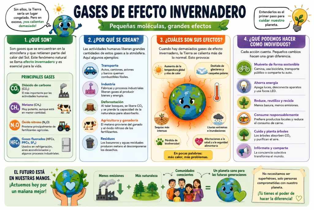 La infografía explica cuatro ideas principales. Primero, los gases de efecto invernadero son gases que atrapan calor en la atmósfera. Segundo, se producen por actividades como transporte, industria, generación de electricidad, agricultura, ganadería, basura y deforestación. Tercero, sus efectos incluyen aumento de temperatura, cambios en las lluvias, sequías, derretimiento de hielo, aumento del nivel del mar y daños a ecosistemas. Cuarto, las personas pueden ayudar ahorrando energía, usando transporte público o bicicleta cuando sea posible, reduciendo basura, evitando desperdiciar comida y cuidando áreas verdes.