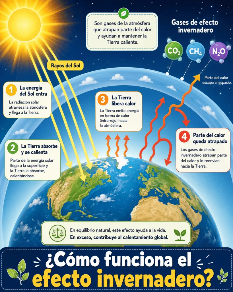 La infografía muestra el proceso del efecto invernadero. Primero, los rayos del Sol llegan a la superficie de la Tierra. Después, la Tierra absorbe parte de esa energía y libera calor hacia la atmósfera. Algunos gases de efecto invernadero, como el dióxido de carbono, el metano y el óxido nitroso, atrapan una parte de ese calor e impiden que escape completamente al espacio. La imagen explica que este proceso es natural y necesario, pero cuando hay demasiados gases en la atmósfera, se retiene más calor del necesario y aumenta la temperatura del planeta.