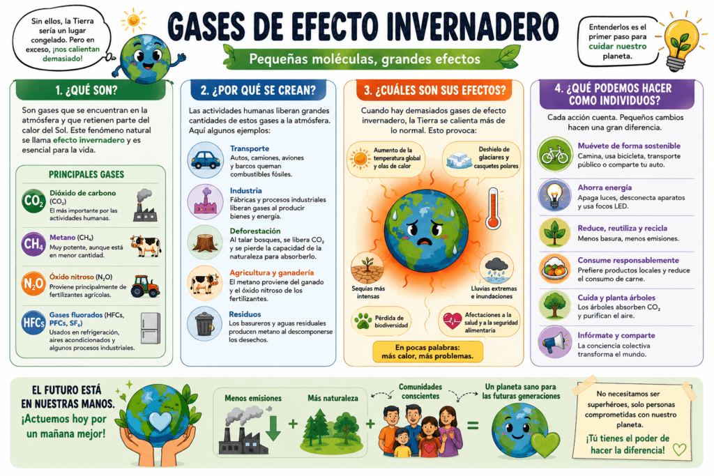 La infografía explica cuatro ideas principales. Primero, los gases de efecto invernadero son gases que atrapan calor en la atmósfera. Segundo, se producen por actividades como transporte, industria, generación de electricidad, agricultura, ganadería, basura y deforestación. Tercero, sus efectos incluyen aumento de temperatura, cambios en las lluvias, sequías, derretimiento de hielo, aumento del nivel del mar y daños a ecosistemas. Cuarto, las personas pueden ayudar ahorrando energía, usando transporte público o bicicleta cuando sea posible, reduciendo basura, evitando desperdiciar comida y cuidando áreas verdes.