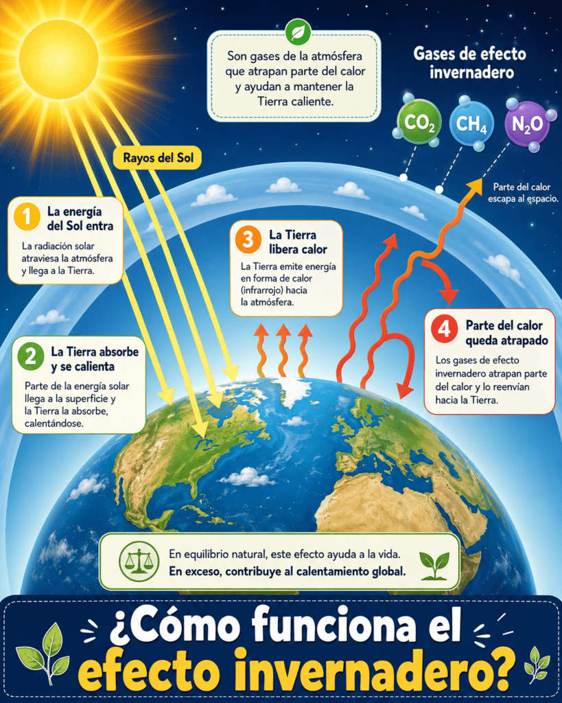 La infografía muestra el proceso del efecto invernadero. Primero, los rayos del Sol llegan a la superficie de la Tierra. Después, la Tierra absorbe parte de esa energía y libera calor hacia la atmósfera. Algunos gases de efecto invernadero, como el dióxido de carbono, el metano y el óxido nitroso, atrapan una parte de ese calor e impiden que escape completamente al espacio. La imagen explica que este proceso es natural y necesario, pero cuando hay demasiados gases en la atmósfera, se retiene más calor del necesario y aumenta la temperatura del planeta.